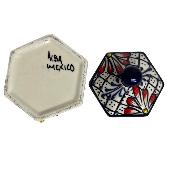 Mexican Trinket Box Art Pottery Lidded Ceramic Alba Mexico Floral 3D Blue Yellow - Picture 5 of 5
